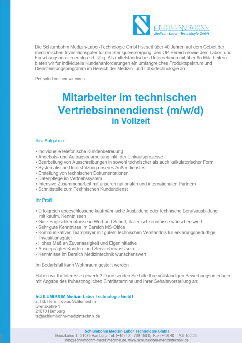 Mitarbeiter im technischen Vertriebsinnendienst (m/w/d) in Vollzeit